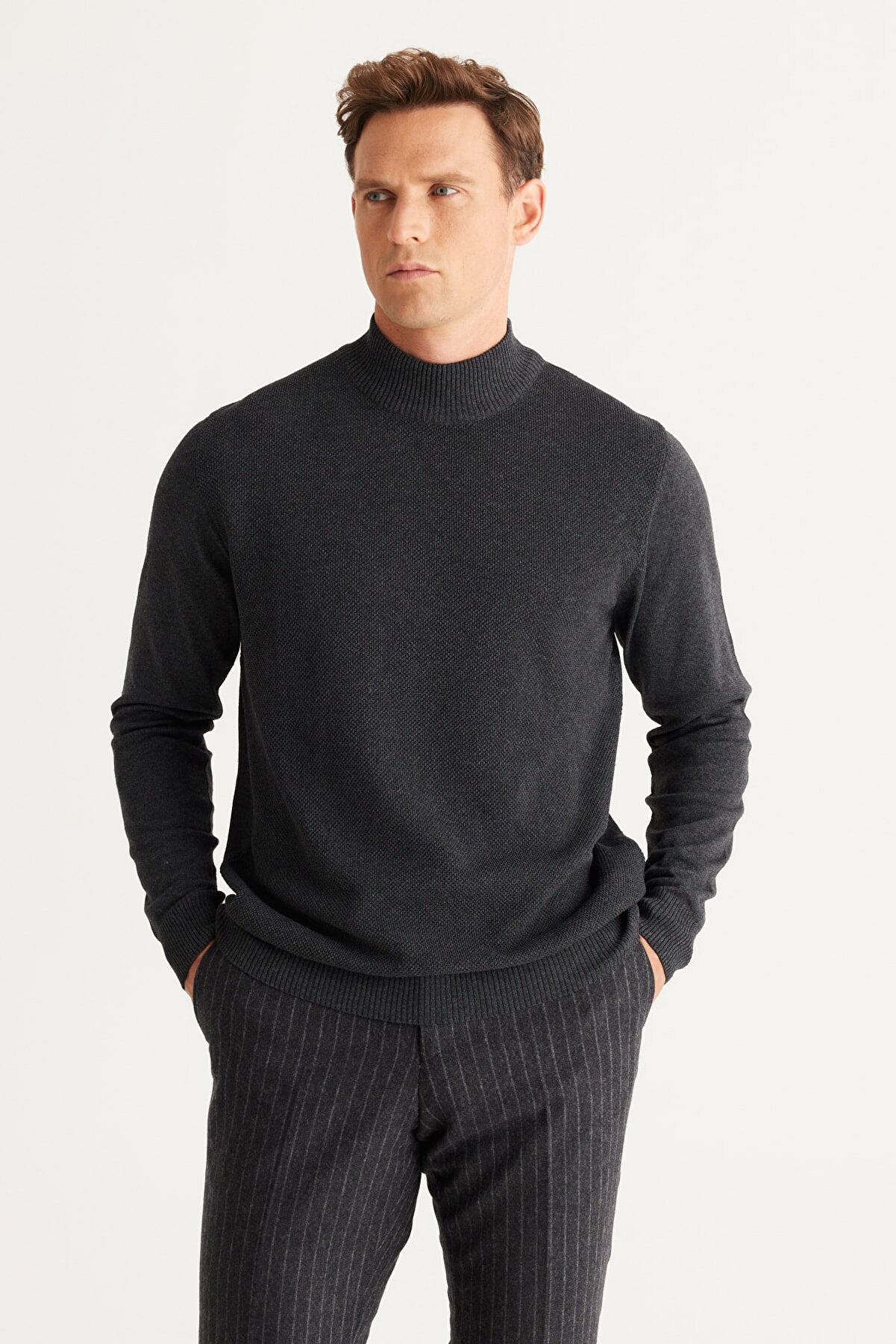 Grey Regular Cut Half Turtleneck Cotton Knitwear