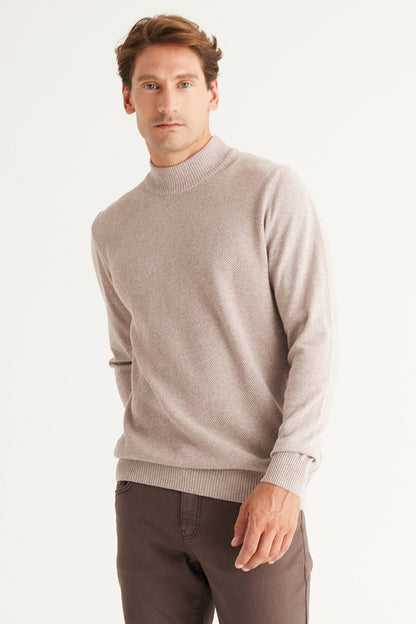 Beige Regular Cut Half Turtleneck Cotton Knitwear