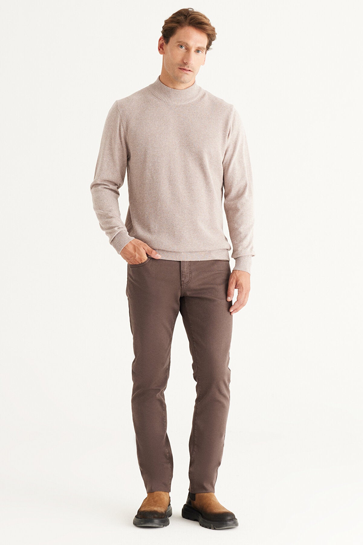 Beige Regular Cut Half Turtleneck Cotton Knitwear