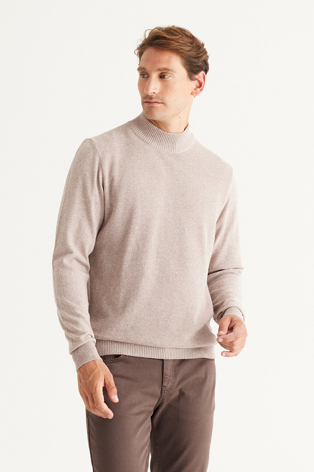 Beige Regular Cut Half Turtleneck Cotton Knitwear