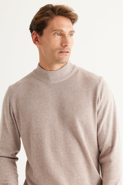 Beige Regular Cut Half Turtleneck Cotton Knitwear