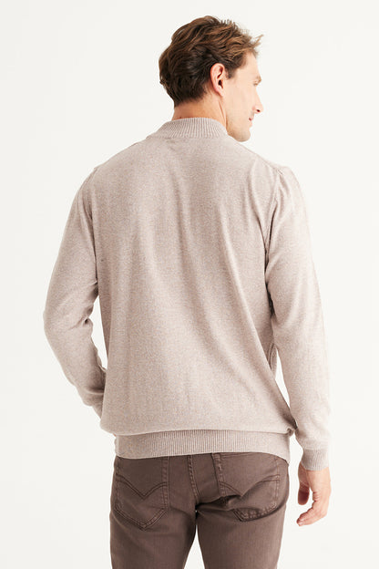 Beige Regular Cut Half Turtleneck Cotton Knitwear