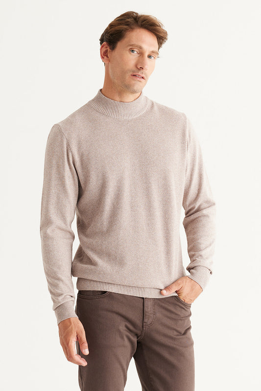 Beige Regular Cut Half Turtleneck Cotton Knitwear