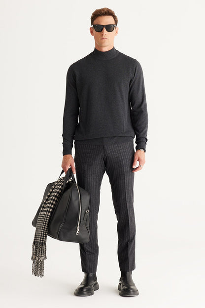 Grey Regular Cut Half Turtleneck Cotton Knitwear