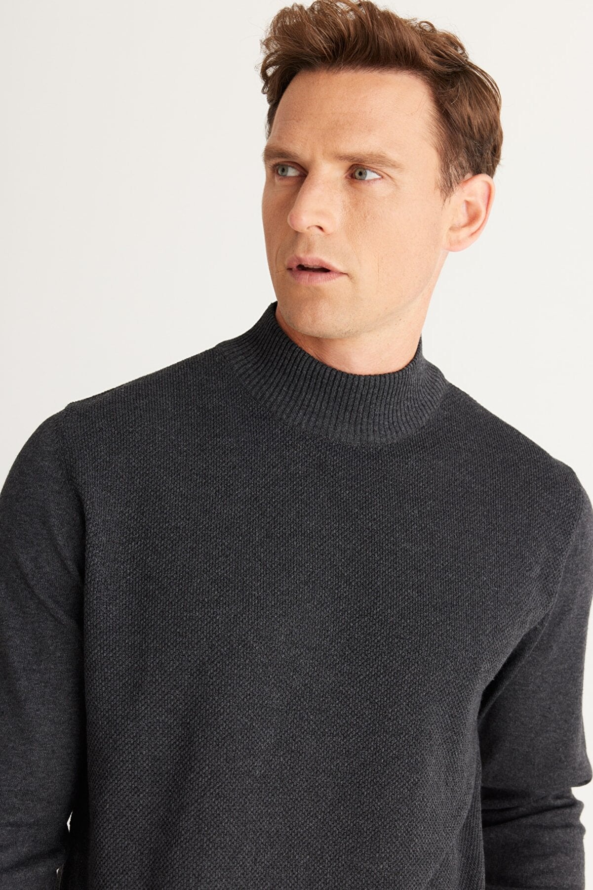 Grey Regular Cut Half Turtleneck Cotton Knitwear