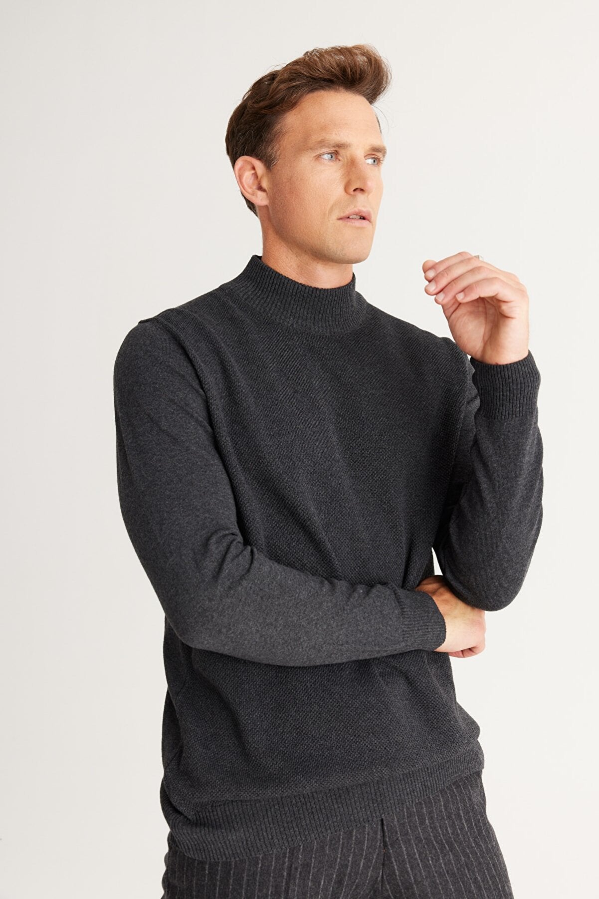 Grey Regular Cut Half Turtleneck Cotton Knitwear