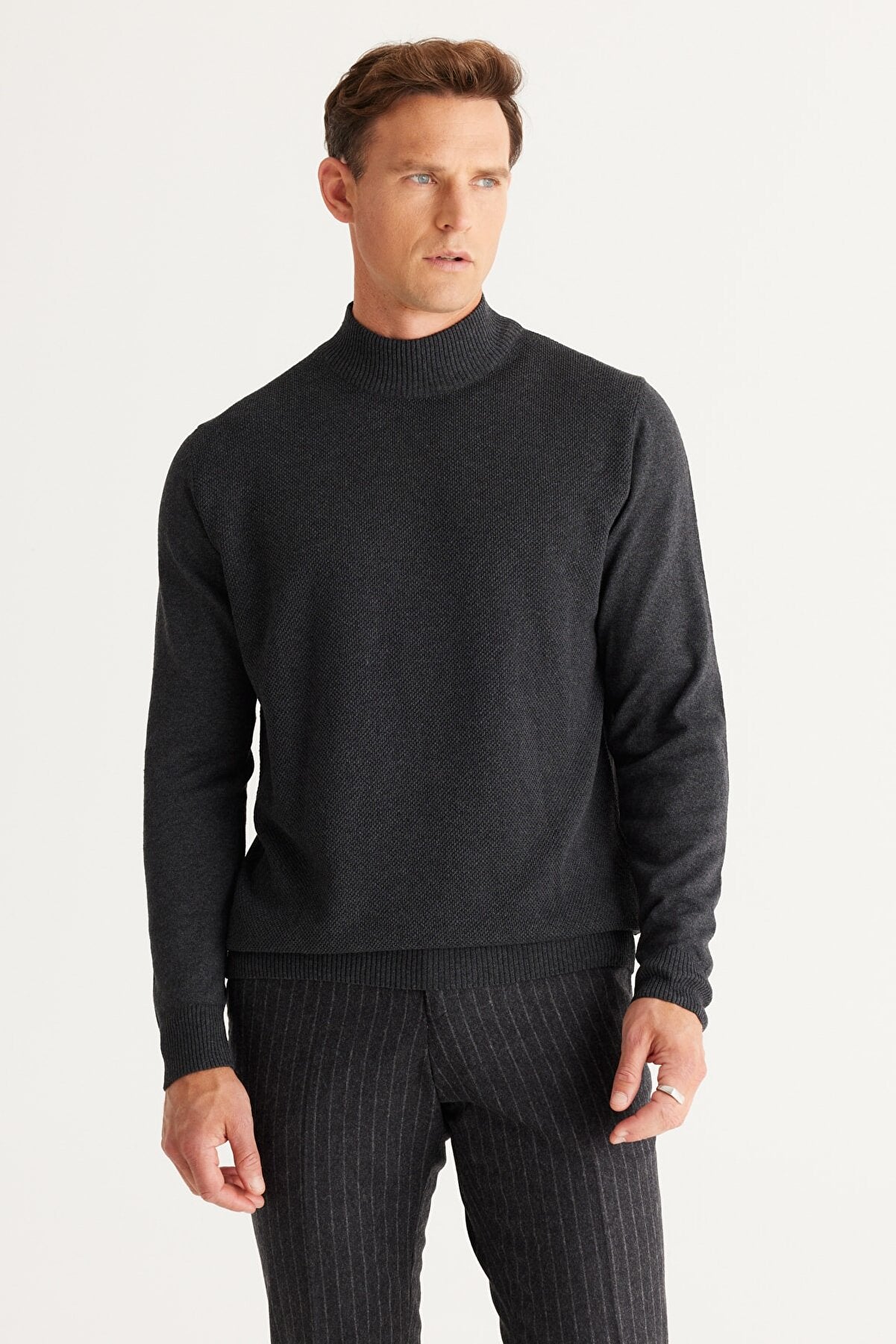 Grey Regular Cut Half Turtleneck Cotton Knitwear