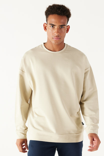 Beige Oversize Loose Fit Cotton Crew Neck