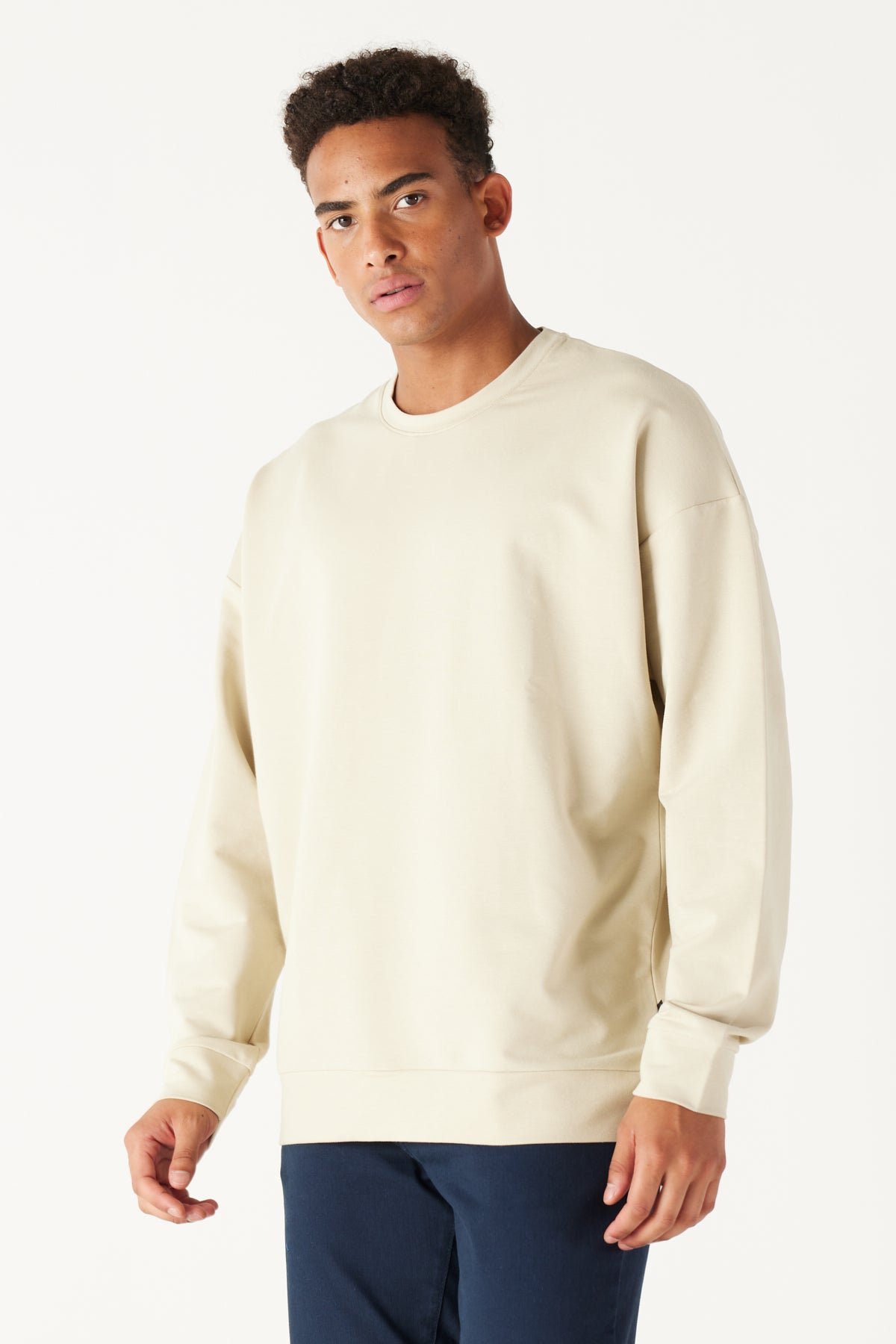 Beige Oversize Loose Fit Cotton Crew Neck