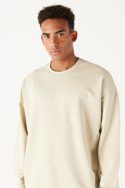 Beige Oversize Loose Fit Cotton Crew Neck