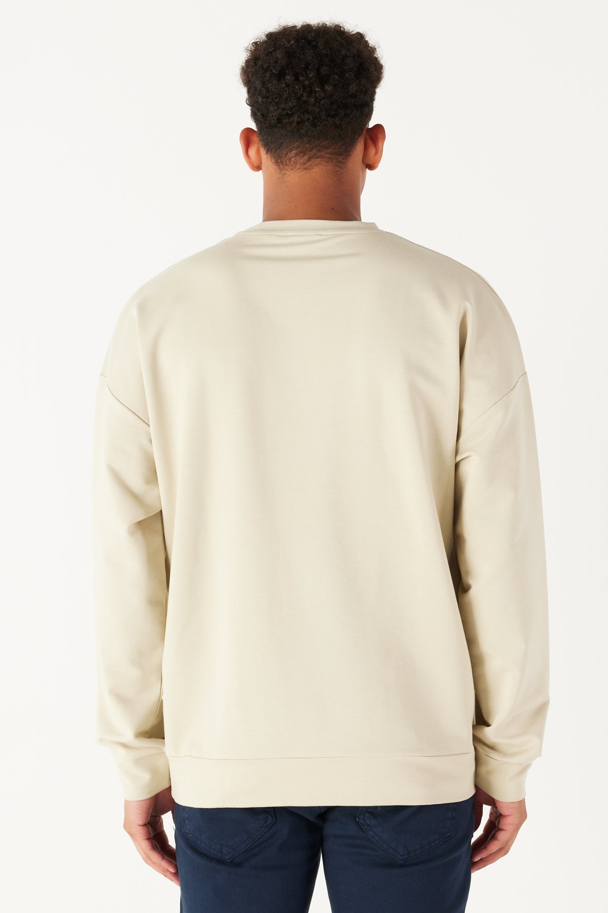 Beige Oversize Loose Fit Cotton Crew Neck