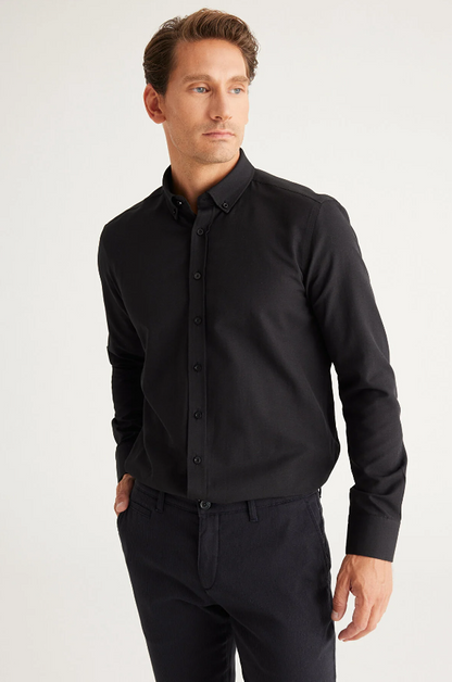 Black Button Collar Cotton Slim Fit