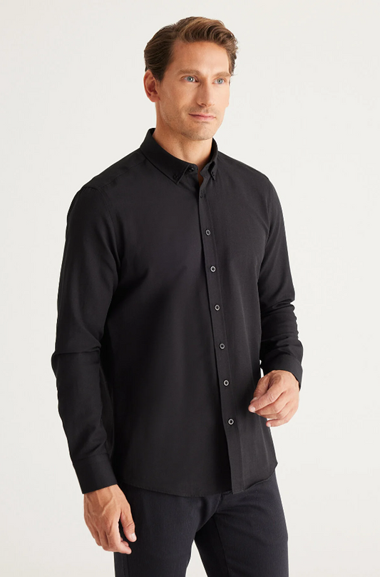 Black Button Collar Cotton Slim Fit