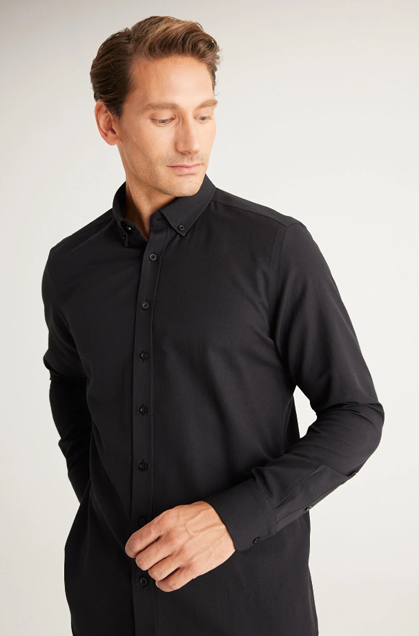 Black Button Collar Cotton Slim Fit