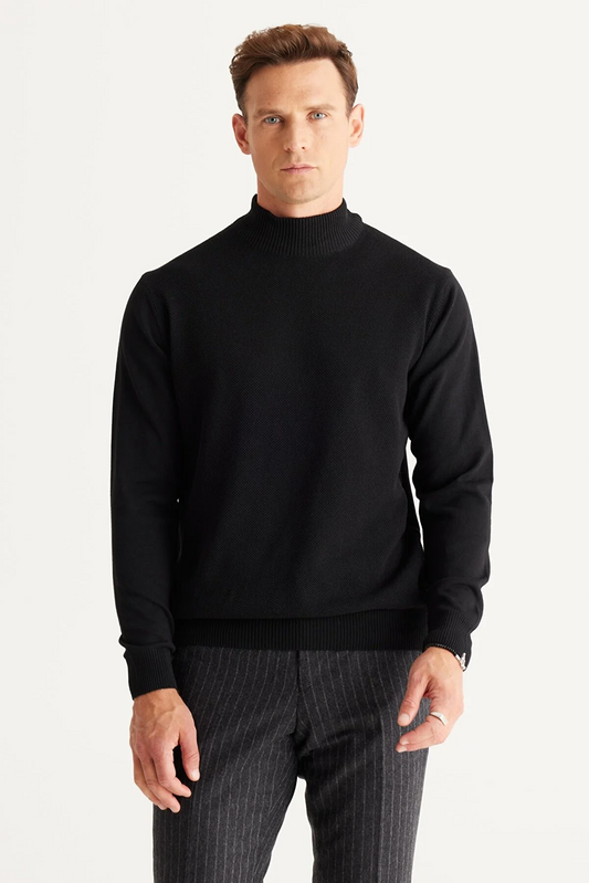 Black Regular Cut Half Turtleneck Cotton Knitwear