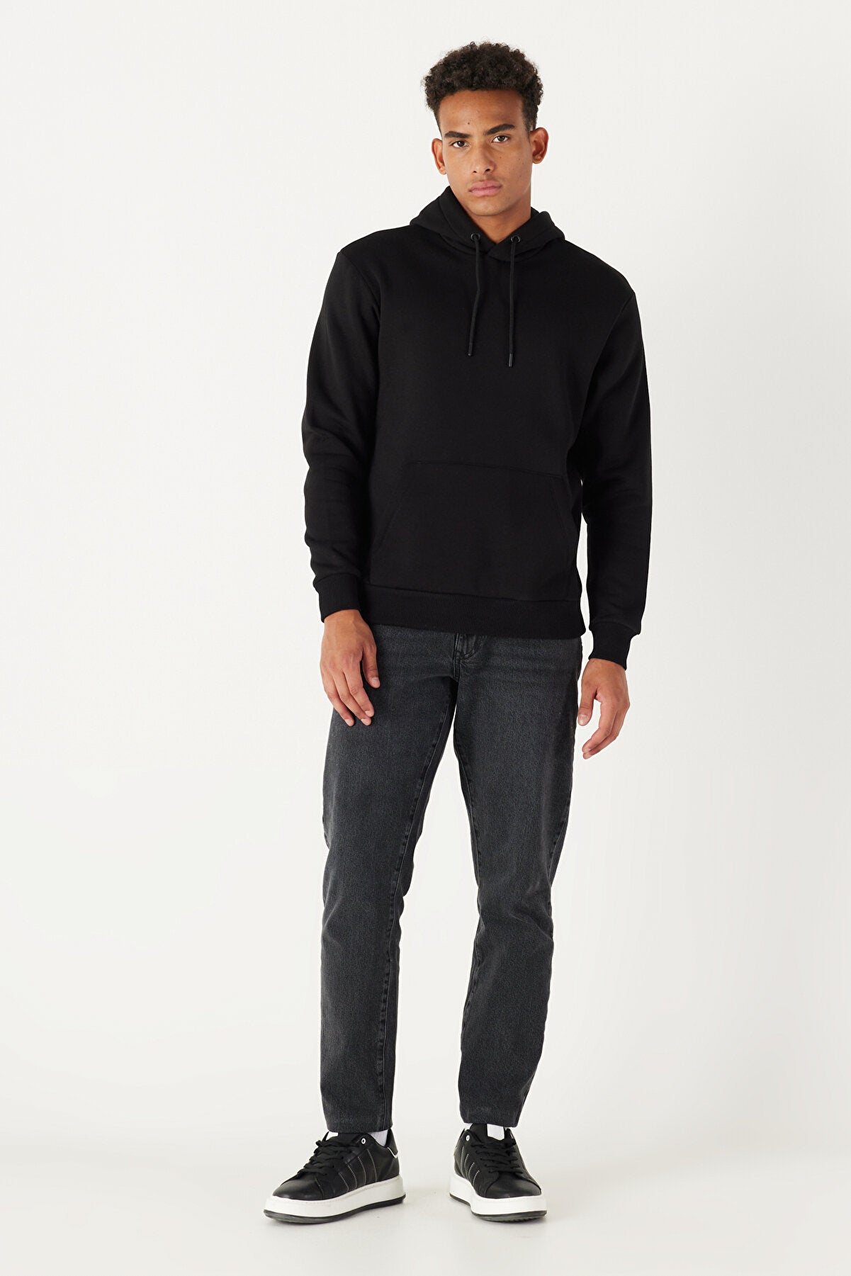 Black Cotton Standard Fit Kangaroo Pocket