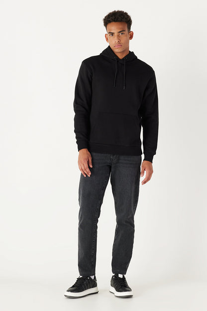 Black Cotton Standard Fit Kangaroo Pocket