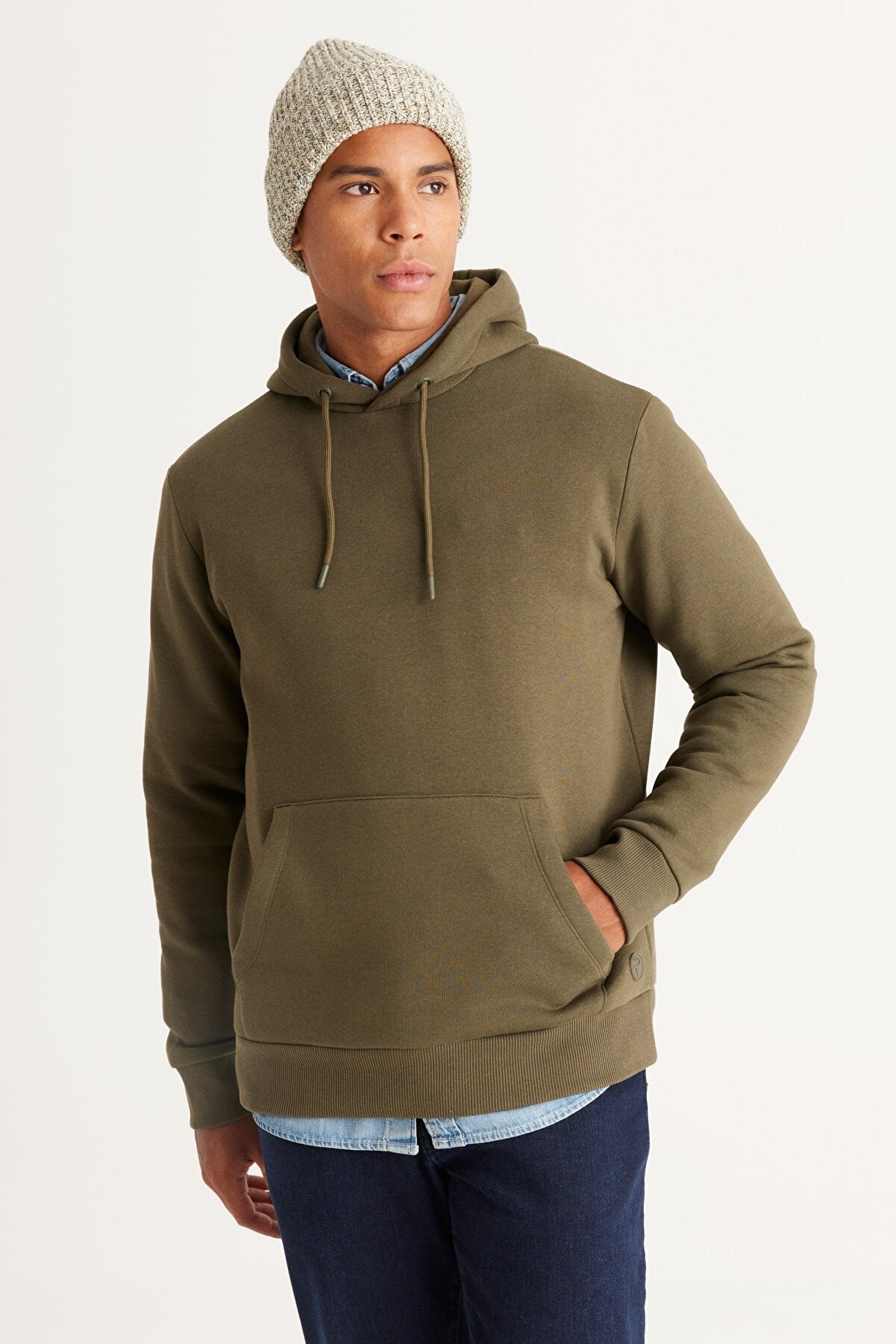 Brown Cotton Standard Fit Kangaroo Pocket