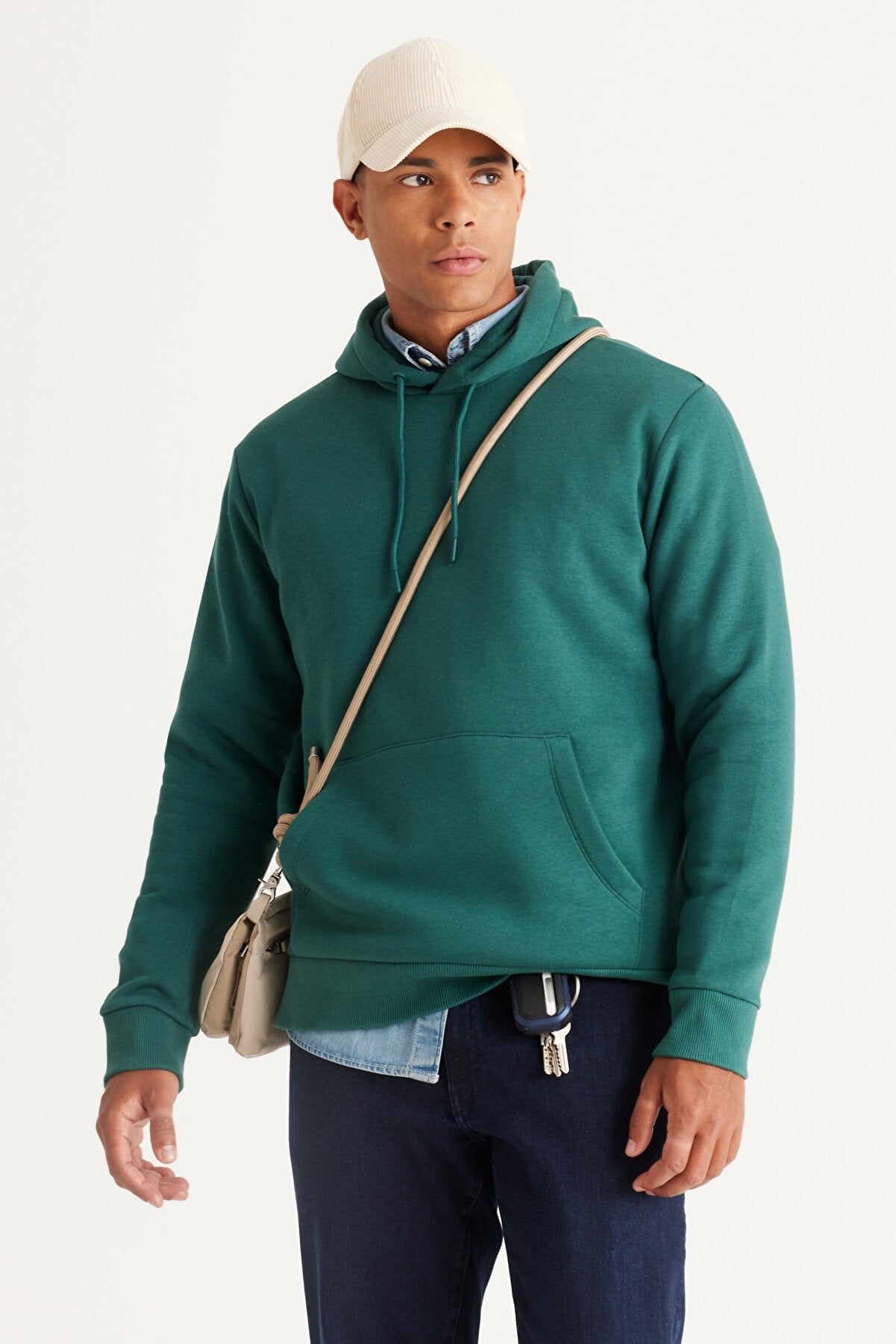 Green Cotton Standard Fit Kangaroo Pocket