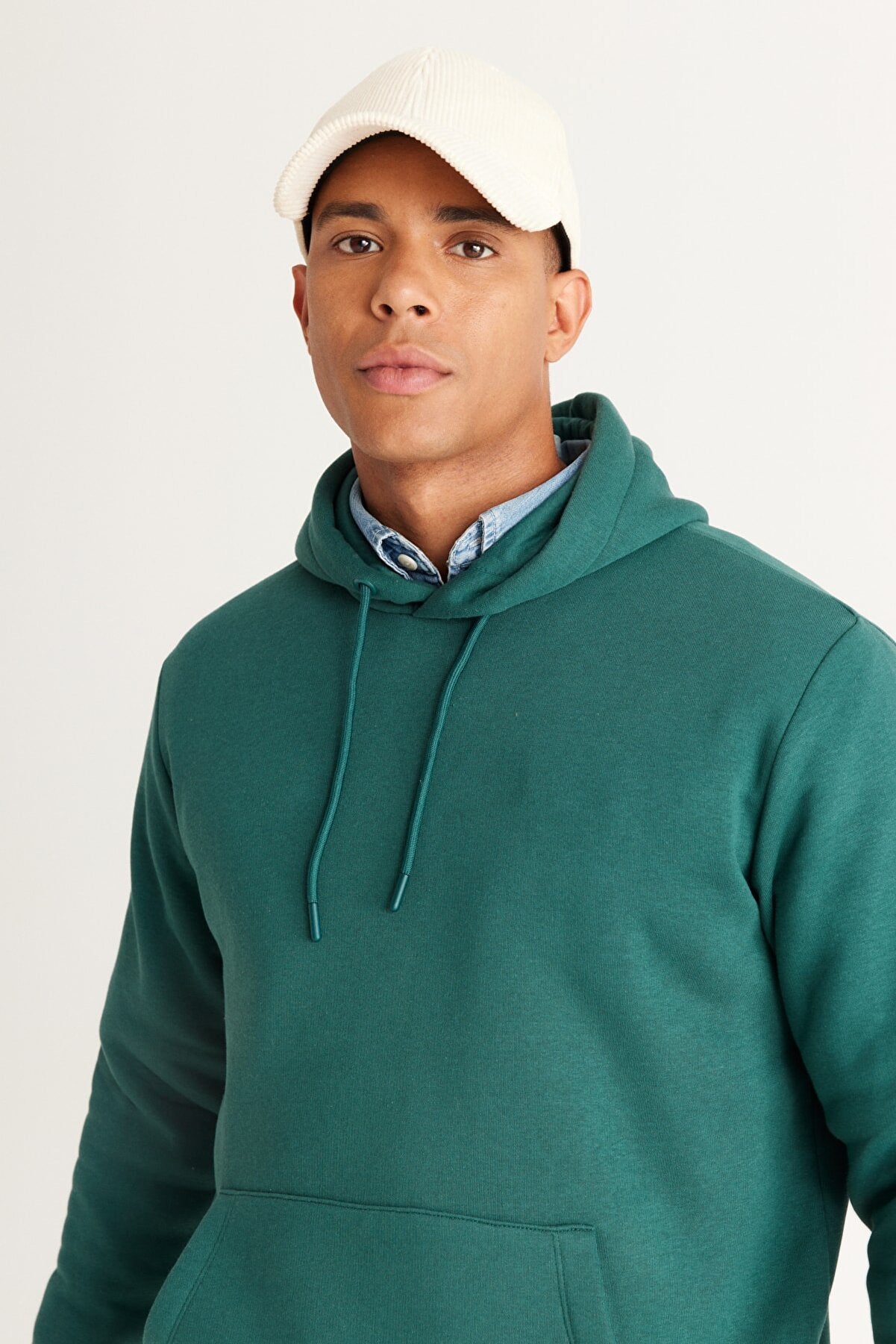 Green Cotton Standard Fit Kangaroo Pocket