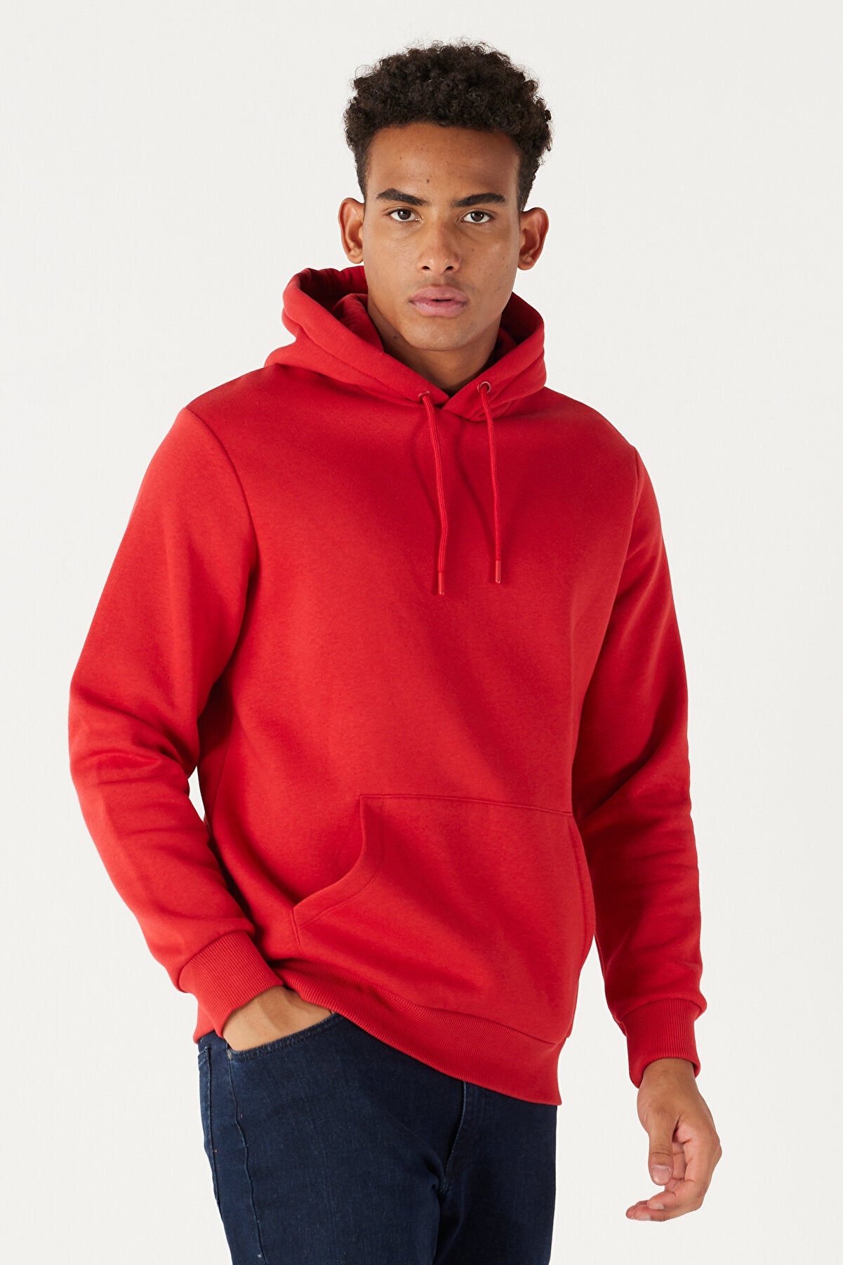 Red Cotton Standard Fit Kangaroo Pocket