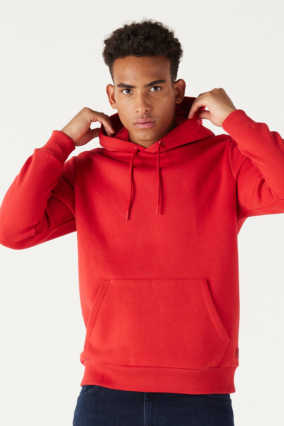 Red Cotton Standard Fit Kangaroo Pocket