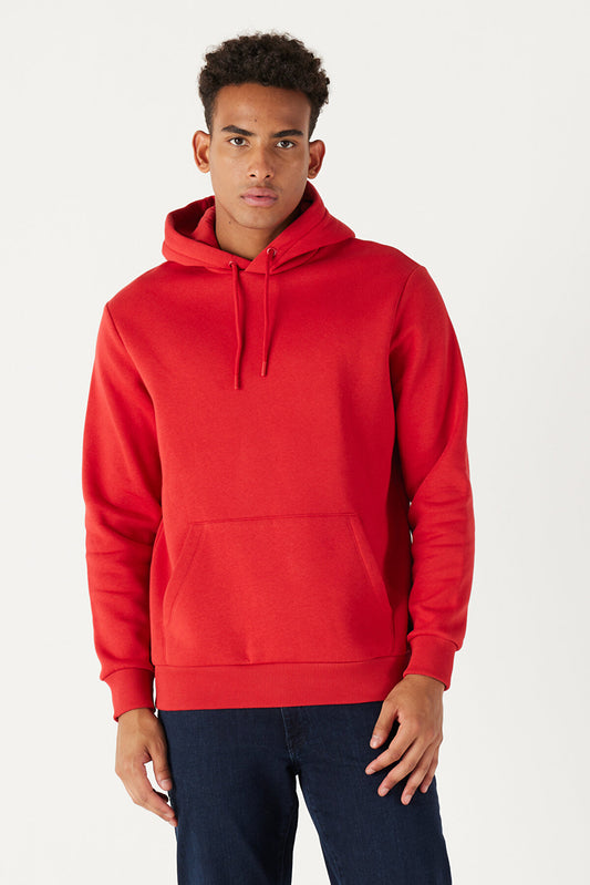 Red Cotton Standard Fit Kangaroo Pocket