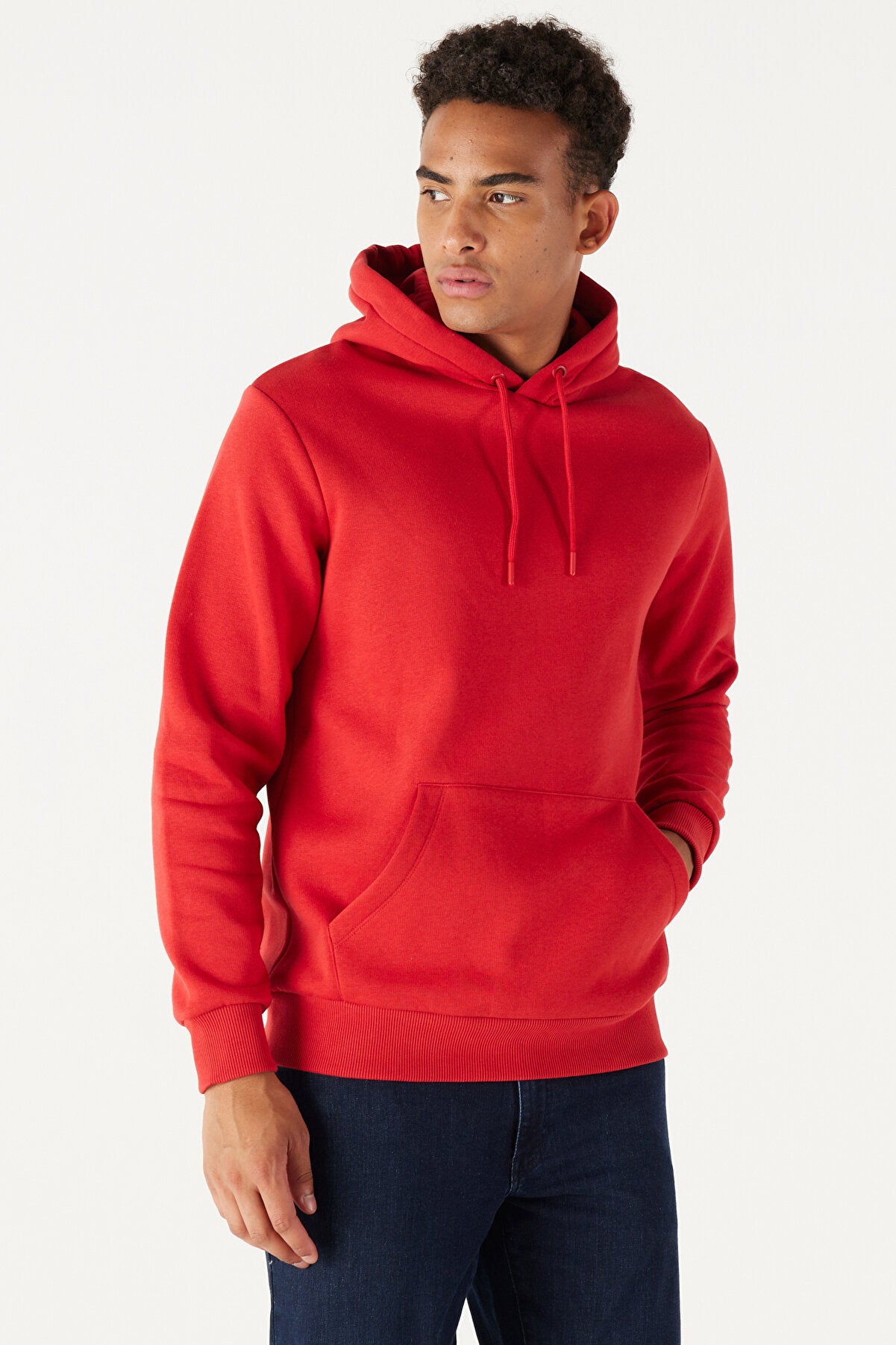 Red Cotton Standard Fit Kangaroo Pocket