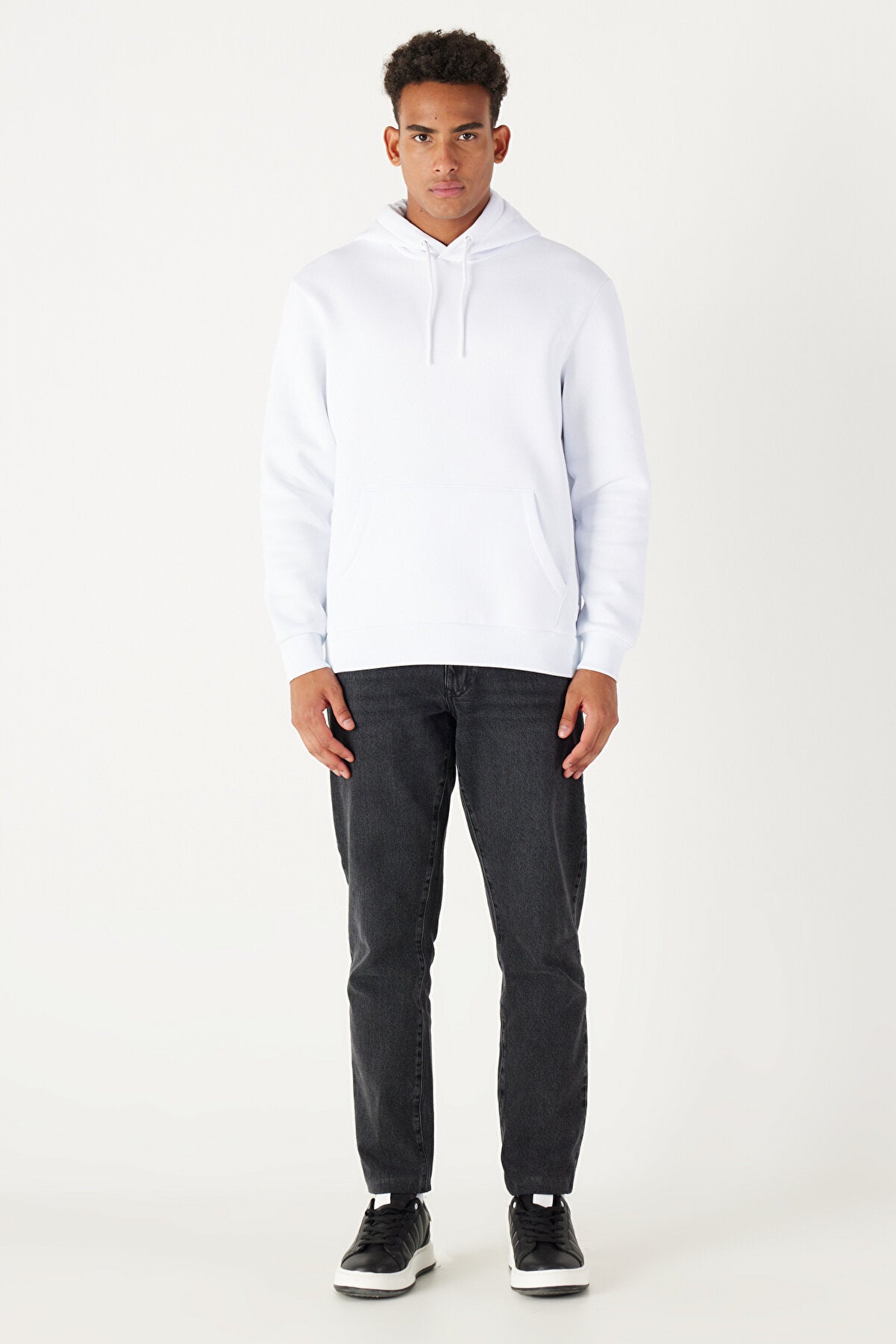 White Cotton Standard Fit Kangaroo Pocket