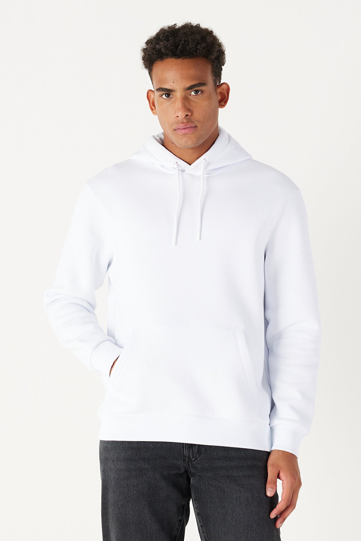 White Cotton Standard Fit Kangaroo Pocket