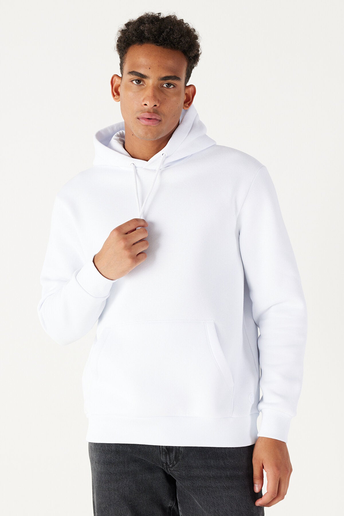 White Cotton Standard Fit Kangaroo Pocket