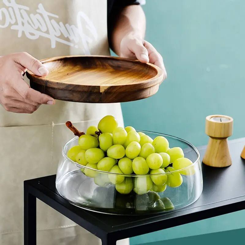 Fruit Stand Double Layer Wooden Glass Plate Storage