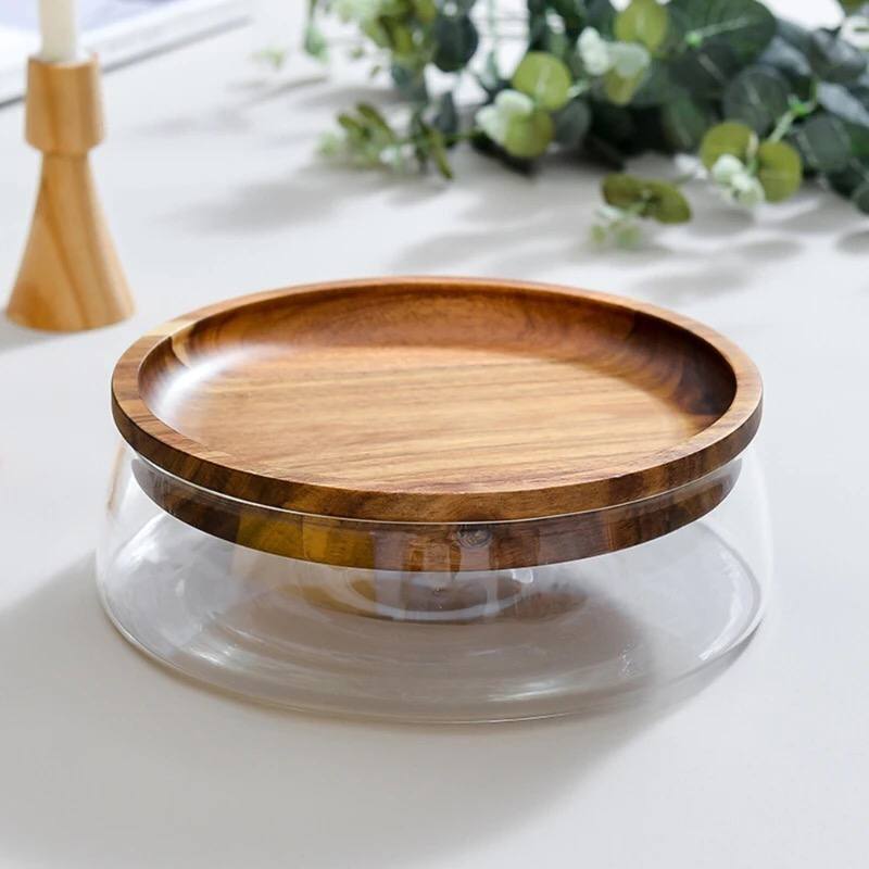 Fruit Stand Double Layer Wooden Glass Plate Storage